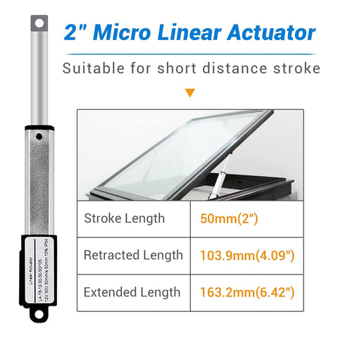12V Micro Linear Actuator With 2 Inch Stroke And 64N Load, 0.6 Inch Per Second Speed, Tiny Waterproof Motion Actuator, IP54 Rated, Includes Mounting Brackets, Low Noise Under 55 Db, Perfect For Fans, Cabinets, Window Openers, Robotics, And Tables - close-up of actuator showing specifications.