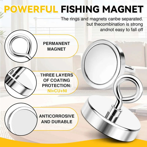 2 Inch Neodymium Fishing Magnet With 350 Lb Pull Heavy Duty Salvage Tool, showing triple-coated finish and hook design.