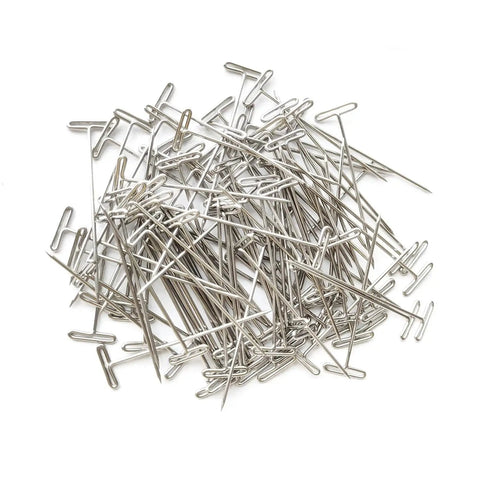 Pile of 2 Inch T Pins Set Of 100 Nickel Plated Steel Pins for knitting, wigs, sewing, crafting, and office boards, 14 mm head.