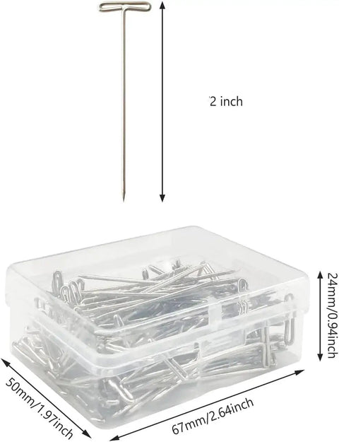 2 Inch T Pins Set Of 100 Nickel Plated Steel Pins With Plastic Storage Box for knitting, wigs, sewing, and crafting.