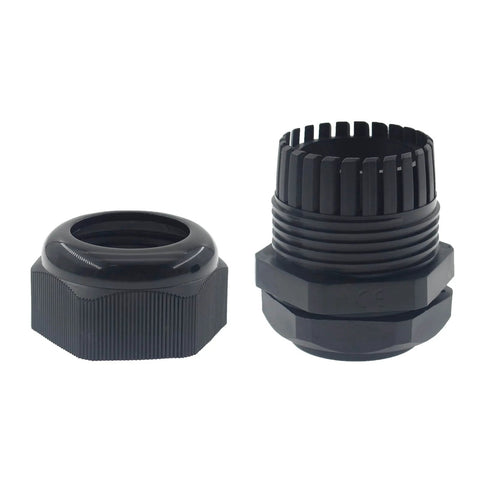 2 Inch NPT Strain Relief Nylon Cord Grip 5 Pack Waterproof IP68 Glands Adjustable Wire Cable Grip Connector For Junction Box 37 To 44mm Black CE ROHS Ideal For Outdoor Use displayed disassembled.