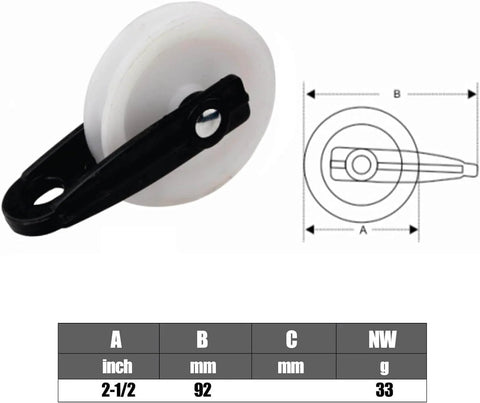 Diagram and front view of Nylon Clothesline Pulley 2 inch Diameter Nylon Pulley Outdoor Puller Rope Wire Rope Pulley Clothes Line Pulley Kit Clotheslines Rope Pulley (2)