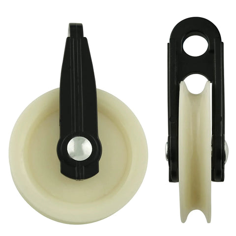 2PCS 2 Inch Nylon Clothesline Pulley, Outdoor Puller Rope Wire Rope Pulley with black bracket and beige wheel, front and side view