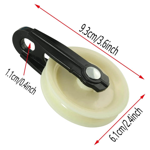 2PCS 2 Inch Nylon Clothesline Pulley showing black and white pulley with size dimensions marked.