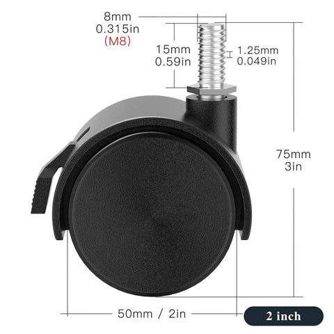 Front view of 2 Inch Threaded Stem Nylon Swivel Locking Caster, M8 fitment, with 8mm stem, showing measurements.
