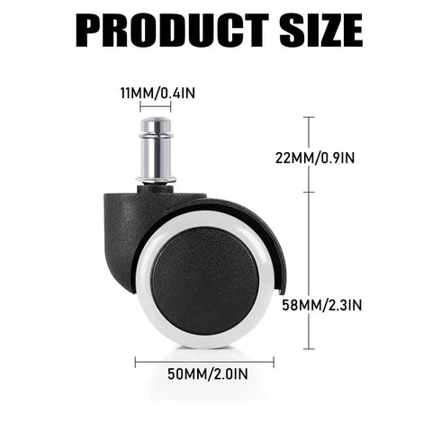 Side view of a single 2 Inch Universal Office Chair Wheel with dimensions and alloy steel stem, black and white design.