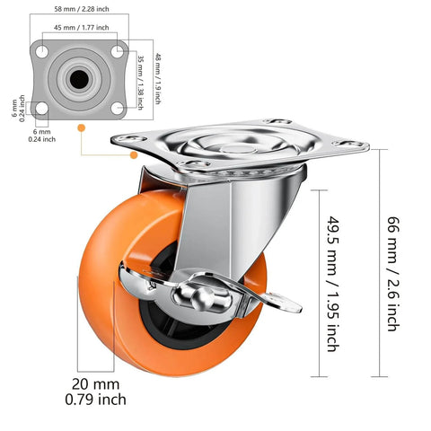 2 Inch Casters With Side Brake Set Of 8 Orange Polyurethane Swivel Plate Wheels with measurements