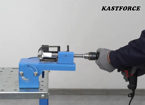 2 Inch Hole Saw Pipe Tube Notcher With Adjustable Tilt From 0 To 60 Degrees for tubing up to 2 inches, shown in use.
