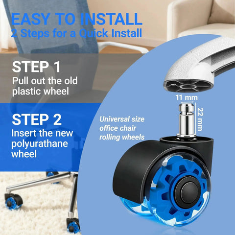 Heavy Duty 2 Inch Rubber Chair Casters Set Of 5 With Clear Polyurethane Wheels For Smooth Rolling On Hardwood Carpet And Tile Floors Universal 11 By 22 Mm Fit Ideal Replacement For Office And Gaming Desk Chairs Gentle On Floors illustration showing installation steps