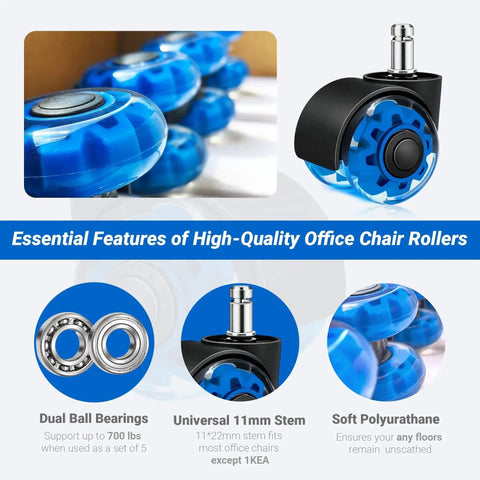 Heavy Duty 2 Inch Rubber Chair Casters Set Of 5 With Clear Polyurethane Wheels for Smooth Rolling on Hardwood Carpet and Tile Floors Universal 11 By 22 Mm Fit Ideal Replacement for Office and Gaming Desk Chairs Gentle On Floors displayed with ball bearings and stems.