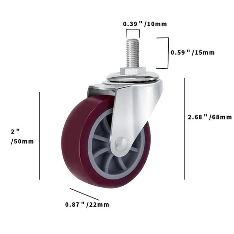 2 Inch Threaded Stem Casters Set Of 4 Heavy Duty Polyurethane Industrial Castors Wheels For Cart, Furniture And Workbench