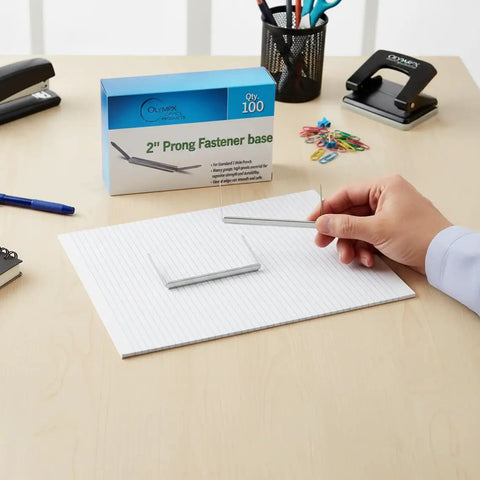 Premium 500 Pack 2 Inch Capacity Metal Prong Paper Fastener Bases With Two And Three Quarter Inch Bases For File Folders And Clip Accessories, Heavy Duty Corrosion Resistant Steel, Pack Of Five Boxes Each Containing One Hundred Bases By OLYMPX on desk.