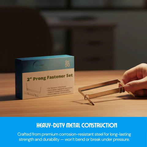 Premium Prong Paper Fasteners With 2 Inch Capacity And 50 Complete Sets, Heavy Duty Metal Construction with box and fastener on table