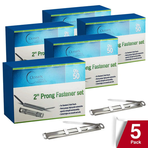Image of Premium 2 Inch Capacity Prong Paper Fasteners 250 Pack Made in USA With Pro Grade Heavy Duty Premium Steel and Compressor, shown in five blue boxes of 50 with individual metal fasteners.