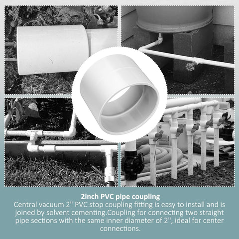 GULUANT 5-pack 2-inch PVC central vacuum stop coupling fittings; collage shows pipe sections and installed lines.