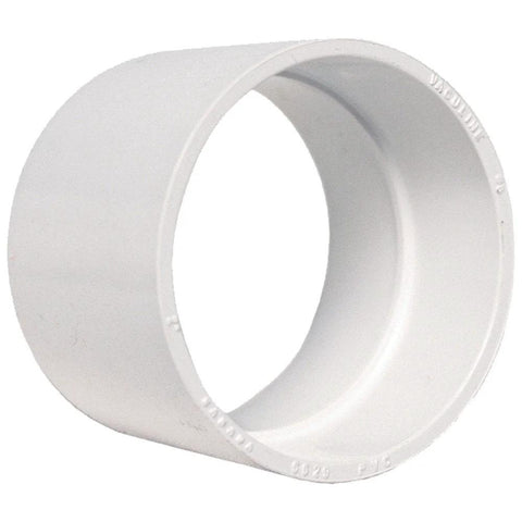 White 2-inch PVC straight coupling for pipe connections, home improvement
