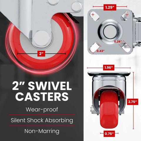 Close-up of 24 pack 2 inch caster wheels with swivel plate and brake, red polyurethane locking casters for smooth rolling.