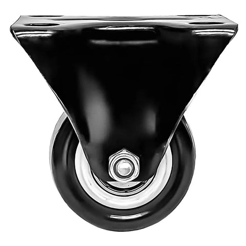 Front view of a 2 inch rigid non-swivel fixed black polyurethane caster wheel, part of the 4 Pack 2 Inch Caster Wheels With Dual Locking Brakes 2 Rigid Non Swivel Fixed And 2 Swivel With Brakes All Black Polyurethane Non Marking Quiet Operation 150 Lb Per Wheel Designed For Use On Carts Tables And Benches With Smooth Rolling And Low Noise.