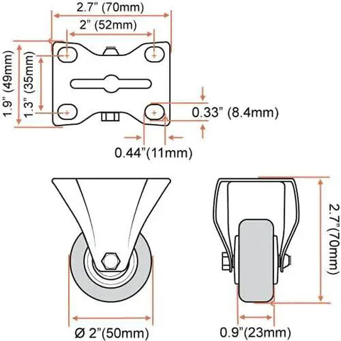 Diagram of 12 Pack 2 Inch Rigid Caster Wheels Non Swivel All Black Polyurethane Heavy Duty Non Marking Quiet 150 Lb Load Capacity