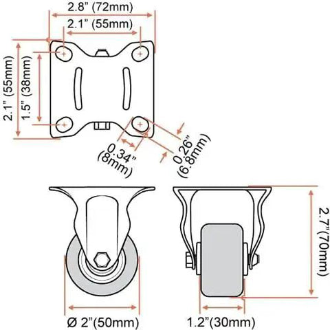 Technical diagram showing dimensions of 2 Inch Heavy Duty Polyurethane Caster Wheels Rigid Fixed Non Swivel Industrial Grade Solid