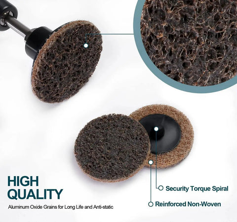 Close-up of 46 Piece Two Inch Roll Lock Quick Change Sanding Discs with aluminum oxide, showing texture and holder for die grinder.