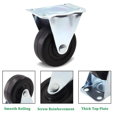 Heavy Duty 2 Inch Rubber Caster Wheels for Furniture, Rigid Fixed Casters with Non Swivel Top Plate, Durable Polyurethane Rubber