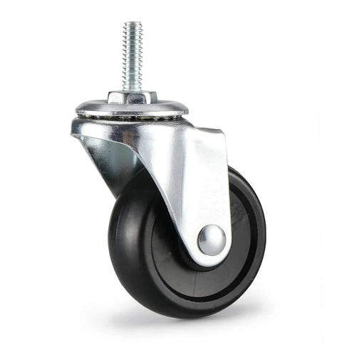 Two Inch Rubber Casters With One Quarter Twenty Threaded Stem For Carts And Wire Shelving NSF Listed Includes Two Locking And Two Non Locking Wheels With Combined Load Rating Of 360 Pounds For Four Wheels. Black rubber caster with threaded stem visible.