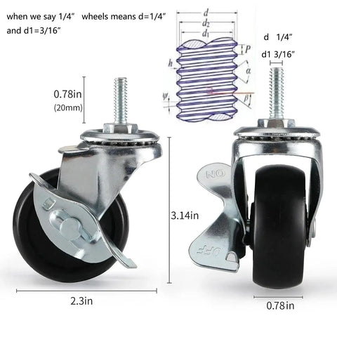 Two Inch Rubber Casters With One Quarter Twenty Threaded Stem For Carts And Wire Shelving NSF Listed Includes Two Locking And Two Non Locking Wheels With Combined Load Rating Of 360 Pounds For Four Wheels, showing front and side view.
