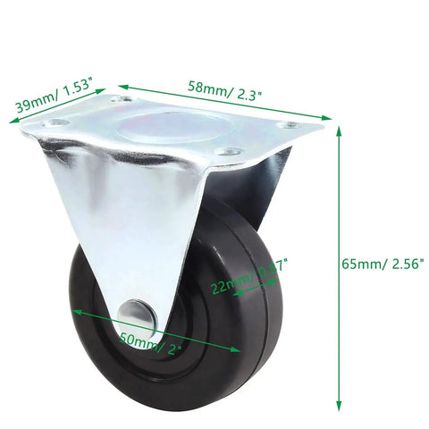 Heavy Duty 2 Inch Rubber Caster Wheels For Furniture with Rigid Fixed Non Swivel Top Plate, side view showing dimensions.