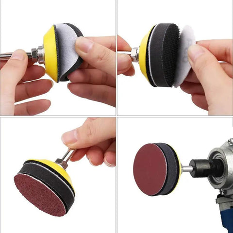 Hand applying and attaching 2 Inch Sanding Discs Set 80 To 3000 Grit With One Quarter Inch Shank Backing Pad to tool