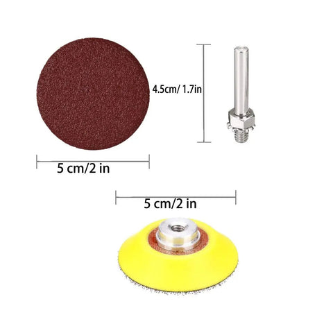 2 Inch Sanding Discs Set 80 To 3000 Grit With One Quarter Inch Shank Backing Pad, showing sanding disc and pad dimensions