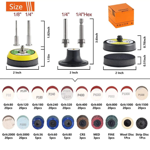 2 Inch Sanding Discs Variety Kit For Drill, Grinder And Rotary Tools With 1/8 And 1/4 Inch Shank Backer Plate shown with grit range P36 to P3000