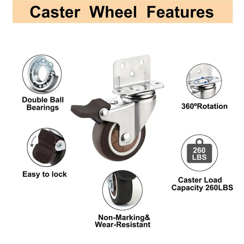Close-up of 2-inch rubber caster wheel with brake and 360-degree swivel, showcasing features like double ball bearings and floor protection.