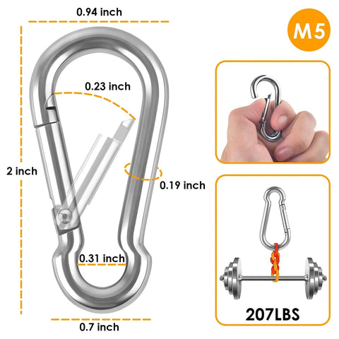 Diagram of 2 Inch Carabiner Clips Set 12 Pack 304 Stainless Steel With Spring Snap Hook Quick Link Clip 207 Lb Capacity, dimensions shown.
