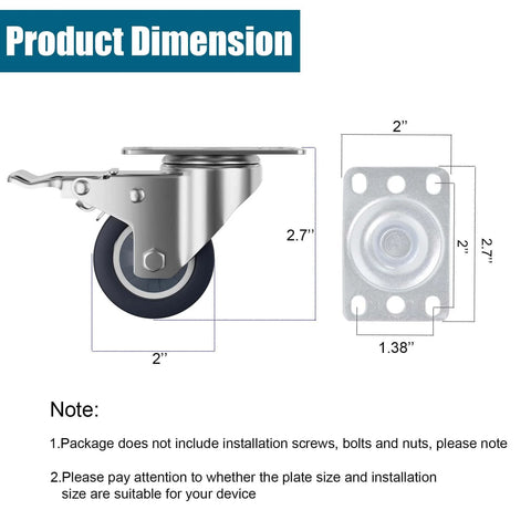 2 inch stainless steel caster wheels with total lock brakes, SUS 304 maintenance free heavy duty casters dimensions diagram.
