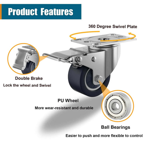 Close-up of 2 inch stainless steel caster wheels with total lock brakes, showcasing a double brake and 360-degree swivel plate.