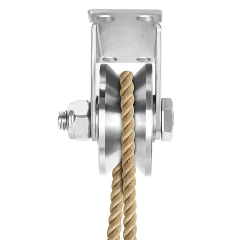 Front view of a 304 stainless steel 2 inch V groove wheel pulley with rope, part of a ✝️ 2 Pack 2 Inch V Groove Wheel Pulley, 304 Stainless Steel Silent Pulley Block, Heavy Duty Caster Wheels Sliding Gate Rollers Pressure Bearing Pulley, Loading 880lb for Handling and Moving heavy duty stainless pulley wheel for lifting and riggi.