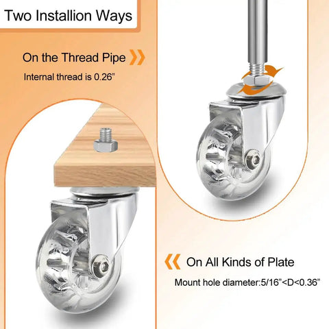 2 Inch Stem Caster Wheels With M8x25mm Threaded Stem For 360 Degree Rotating Crystal Clear Wheels details on installation methods