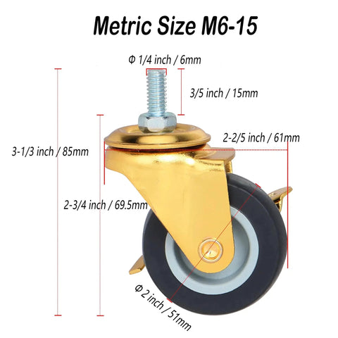 2 Inch Stem Caster Wheels With Brake For Workbenches And Trolleys, 6 Mm Screw Diameter, front view showing dimensions