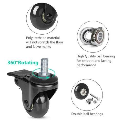 2 Inch Swivel Caster Set With 3/8-16UNC Threaded Stem For Hardwood Tile And Carpet Floors, polyurethane wheel, ball bearings