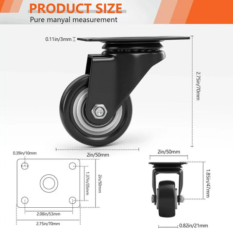 Two Inch Swivel Caster Wheels Set Of Four Heavy Duty Black Polyurethane Casters With Top Plate 360 Degree Rotation product size
