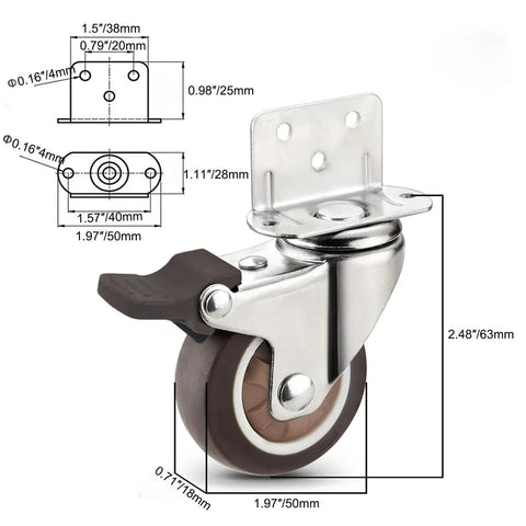 4 Pack 2 Inch Side Mount Rubber Casters With Brakes Ball Bearing 360 Degree Swivel Plate Casters For Furniture Baby Beds Kitchen Cabinets And Tables Load Capacity Up To 600 Lbs Floor Protective Quiet Operation side view with dimensions