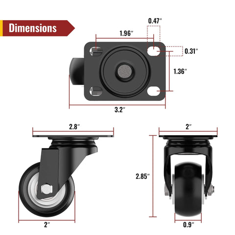 Diagram with dimensions of 2 Inch Swivel Caster Wheels Heavy Duty 600 Lbs Capacity Pack of 4 Silent Polyurethane Non Marking Replacement Casters