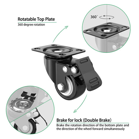 2 Inch Heavy Duty Swivel Caster Wheels Set of 4 with Brake, showcasing dual locking swivel plate and quiet polyurethane PU wheel
