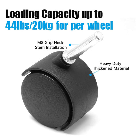 Close-up view of 4pcs 2 Inch Swivel Caster Wheel with M8 Grip Neck Stem, heavy duty black nylon material, 44lbs capacity.