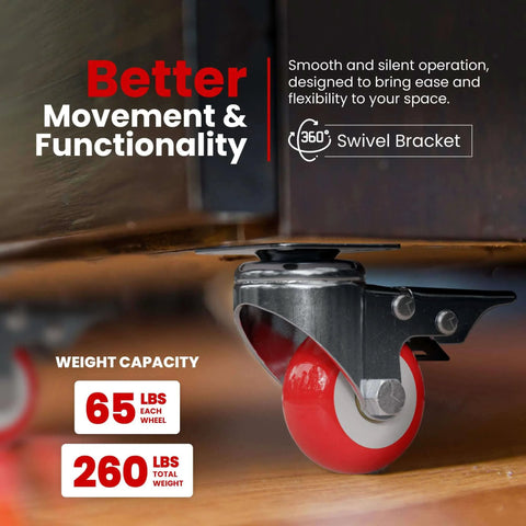 Close-up of 24 pack 2 inch swivel plate caster wheels with red polyurethane, no brake casters designed for furniture and carts.