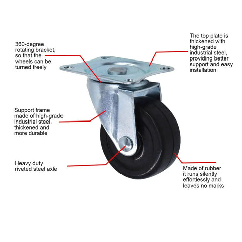 24 Pack 2 Inch Swivel Casters With Rubber Wheels For Furniture Trolleys And Industrial Use, showing caster with steel frame and rubber wheel.