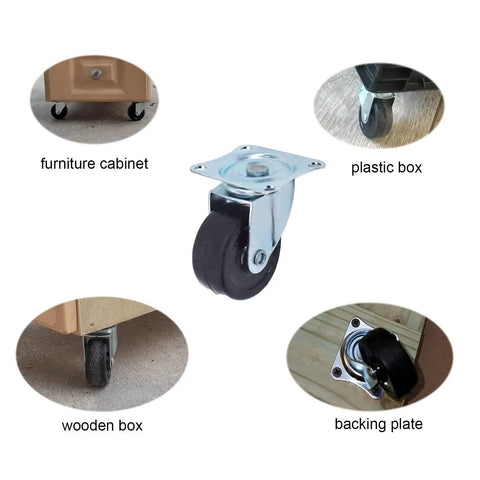 24 Pack 2 Inch Swivel Casters With Rubber Wheels For Furniture Trolleys And Industrial Use, shown on furniture and boxes