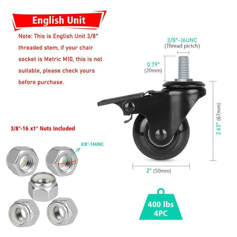 2 Inch Swivel Caster Set With 3/8-16UNC Threaded Stem For Hardwood Tile And Carpet Floors, showing a brake lock caster and nuts.