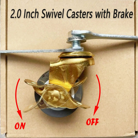2 Inch Stem Caster Wheels With Brake For Workbenches And Trolleys, gold wheel, close-up, with on-off brake lever, side view.